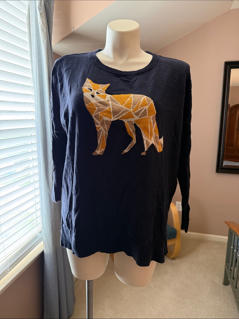 STYLUS Navy Crewneck Sweater with Geometric Gold Fox